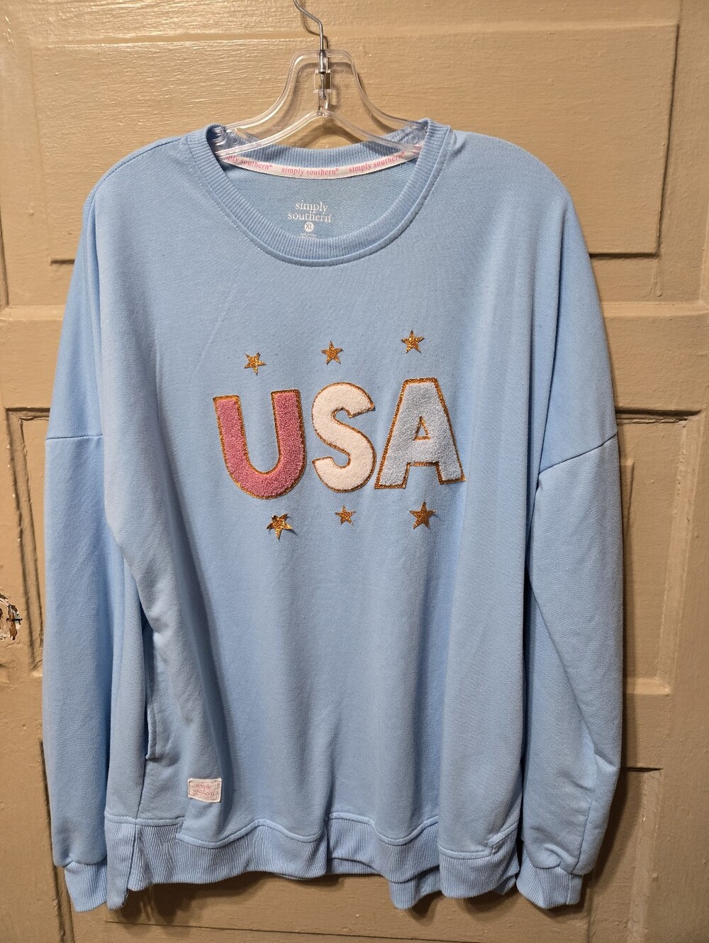 Simply Southern USA Patch Long Sleeve Pullover Top GUC Size: XL